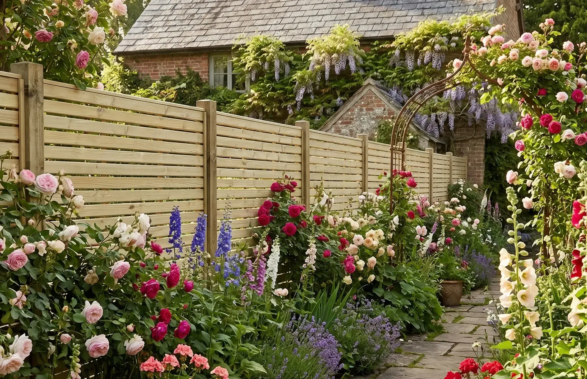 A run of horizontal slatted fencing running beside a cottage garden border of roses, foxgloves and delphiniums