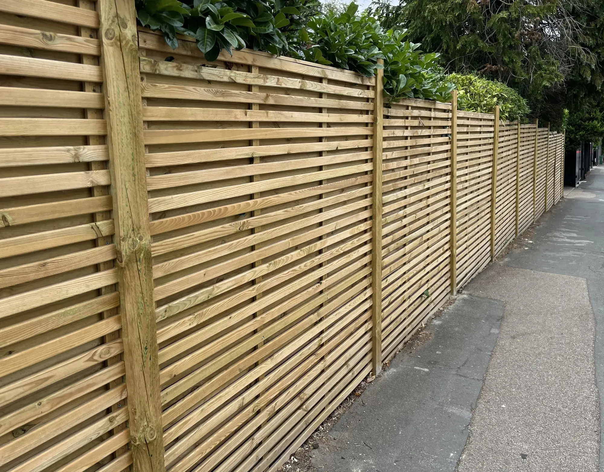 A run of contemporary slatted screen fencing with close-spaced horizontal slats and timber posts