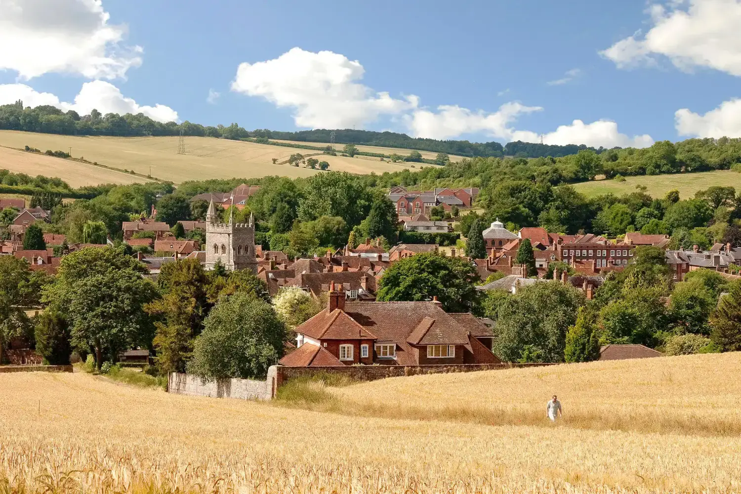 Old Amersham seen across a wheat field, the church tower and red-brick roofs below the Chiltern hills